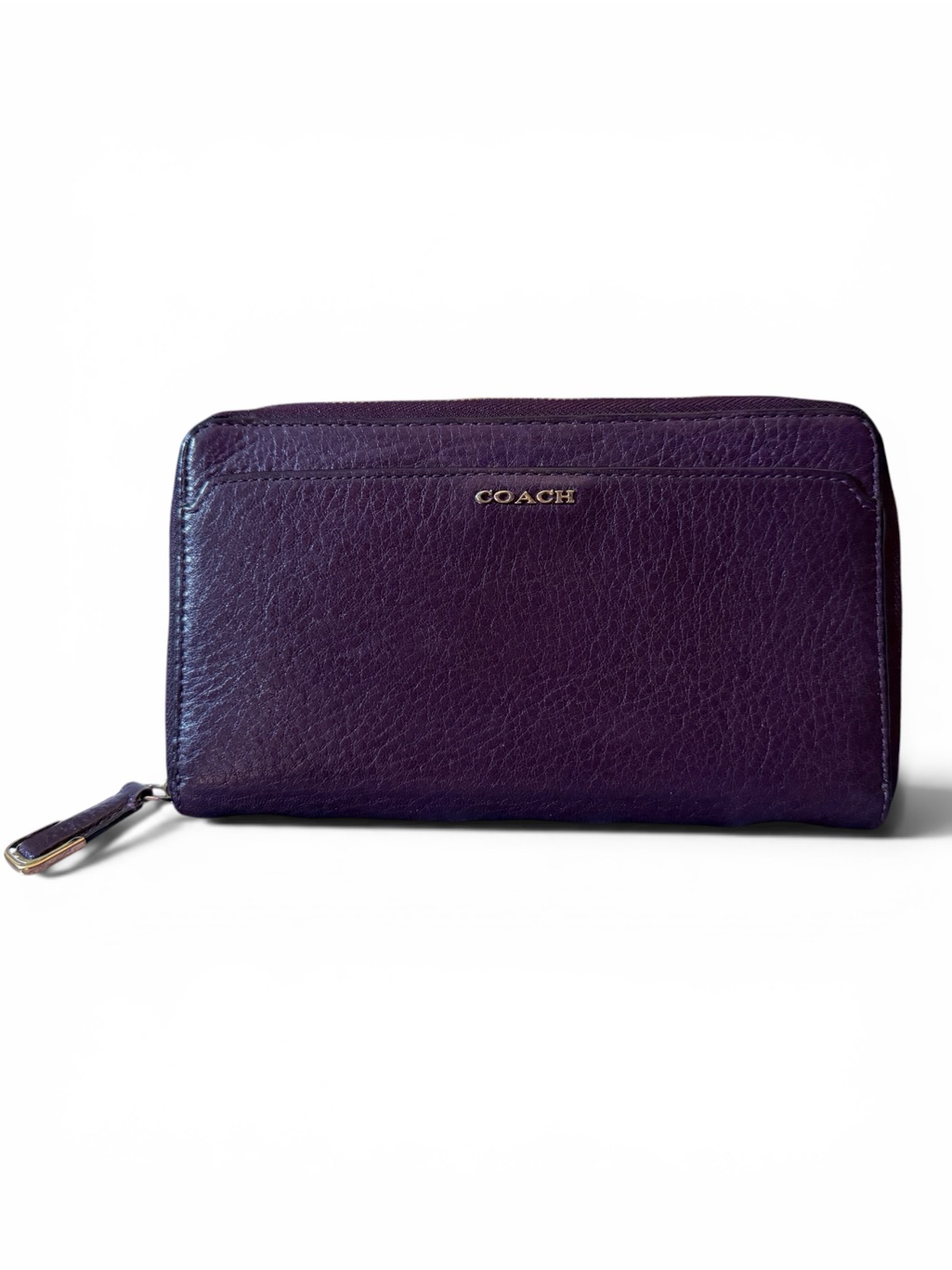 Coach Deep Purple Pebbled Leather Zip Around Wallet With Gold Accents